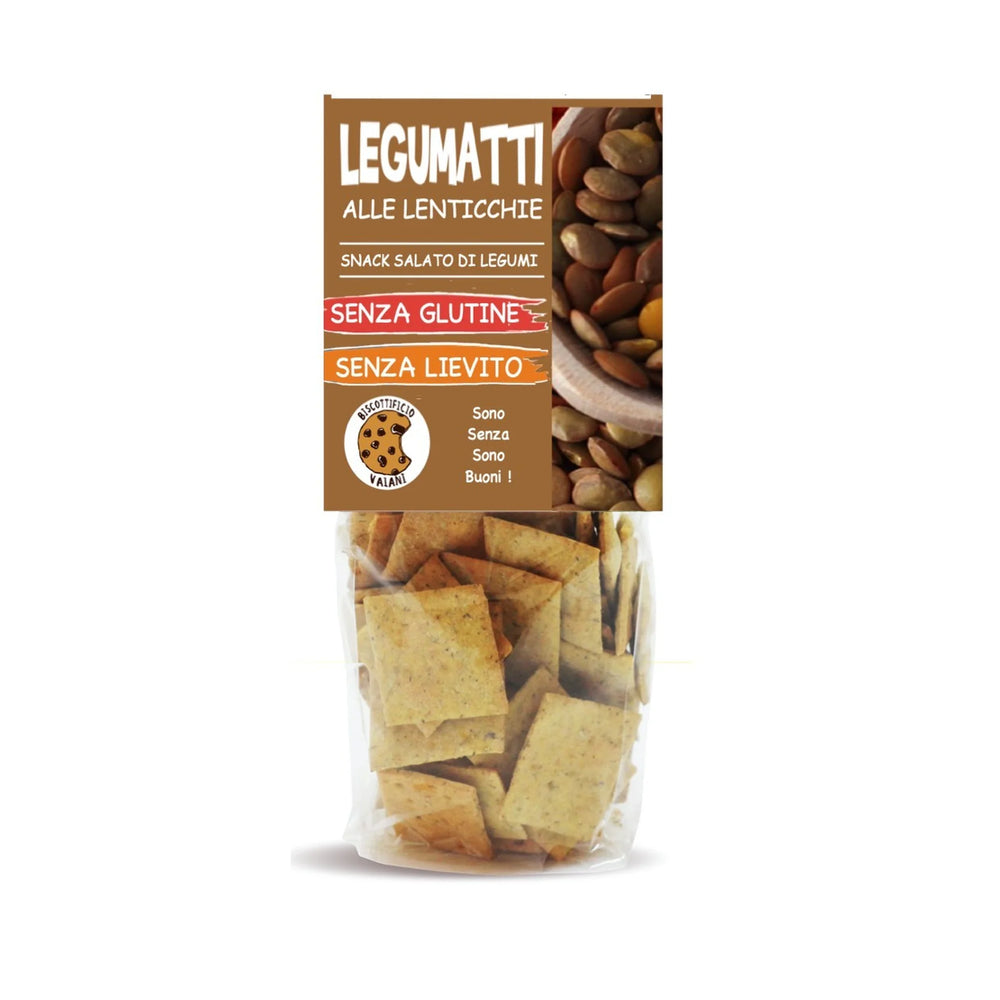 Crackers BIO din leguminoase cu linte, fără gluten — pungă cu eticheta completă, snack ecologic Italia, Biovicta
