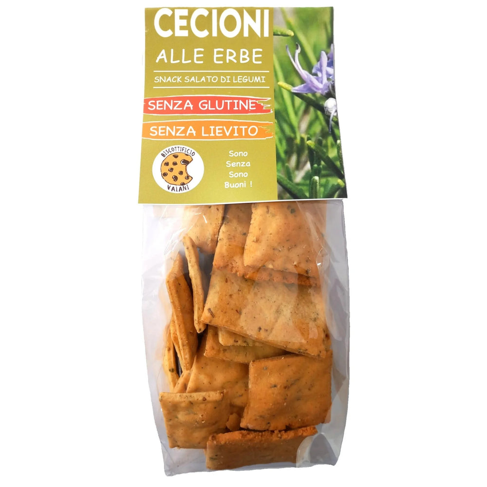 Crackers BIO din leguminoase cu plante aromatice, fără gluten — pungă cu eticheta completă, snack ecologic Italia, Biovicta