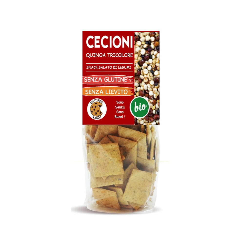 Crackers BIO din leguminoase cu quinoa tricoloră, fără gluten — pungă cu eticheta completă, snack ecologic Italia, Biovicta