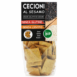Crackers BIO din leguminoase cu susan, fără gluten, pungă cu eticheta completă și bulina bio, snack ecologic, Biovicta