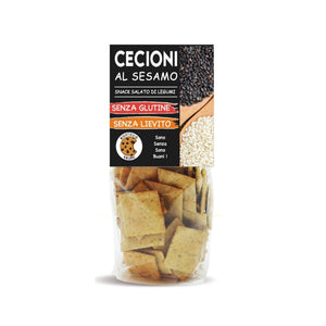 Crackers BIO din leguminoase cu susan, fără gluten — pungă cu eticheta completă, snack ecologic Italia, Biovicta