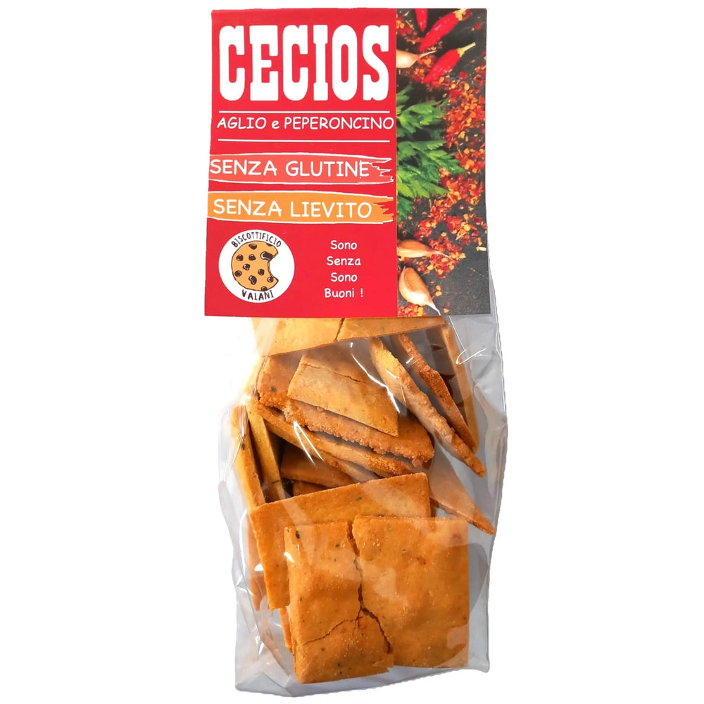 Crackers BIO de năut cu usturoi și chili, fără gluten — pungă cu eticheta completă, snack ecologic Italia, Biovicta