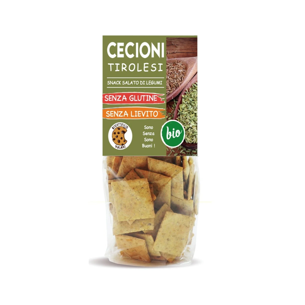 Crackers BIO tirolez cu năut, chimen și fenicul, fără gluten — pungă cu eticheta completă, snack ecologic Italia, Biovicta