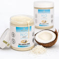 Cremă tartinabilă Mulate ciocolată albă cu cocos, fără zahăr 230g — borcan deschis cu cremă ciocolată albă cu cocos și nucă de cocos proaspătă, prezentare lifestyle, Biovicta