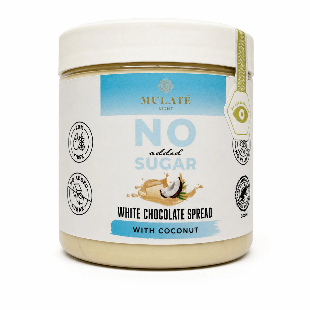 Cremă tartinabilă Mulate ciocolată albă cu cocos, fără zahăr 230g — borcan cu eticheta completă, cremă tartinabilă BIO Italia, Biovicta