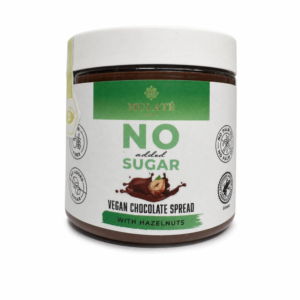 Cremă vegană ciocolată cu alune Mulate, fără zahăr, 230g — borcan cu eticheta completă, cremă vegană tartinabilă BIO Italia, Biovicta