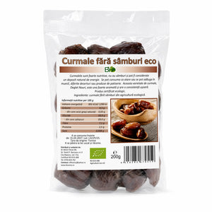 Curmale fără sâmburi BIO 200g Biovicta, soi Deglet Nour din Tunisia, eticheta cu certificare ecologică RO-ECO-008