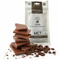 Ciocolată Cut&go BIO cu lapte, MCT și cafea, Mulate, fără zahăr, 50g — ciocolată ruptă în bucăți și boabe cafea, prezentare lifestyle, Biovicta