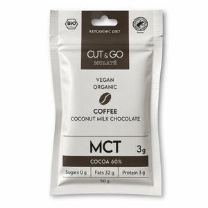 Ciocolată Cut&go BIO cu lapte, MCT și cafea, Mulate, fără zahăr, 50g — cutie ciocolată Mulaté cu eticheta completă, boabe cafea, Biovicta