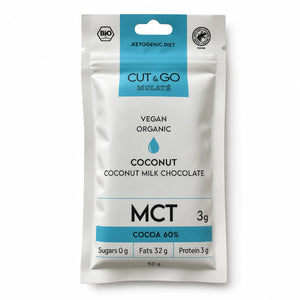 Ciocolată Cut&go BIO cu lapte, MCT și cocos, Mulate, fără zahăr, 50g — cutie ciocolată Mulaté cu eticheta completă, nuca de cocos, Biovicta