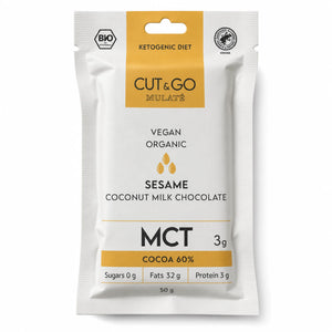 Ciocolată Cut&go BIO cu lapte, MCT și susan, Mulate, fără zahăr, 50g — cutie ciocolată Mulaté cu eticheta completă, seminte susan, Biovicta