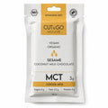 Ciocolată Cut&go BIO cu lapte, MCT și susan, Mulate, fără zahăr, 50g — cutie ciocolată Mulaté cu eticheta completă, seminte susan, Biovicta