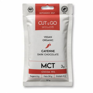 Ciocolată Cut&go BIO neagră, MCT și cayenne, Mulate, fără zahăr, 50g — cutie ciocolată Mulaté cu eticheta completă, piper cayenne, Biovicta