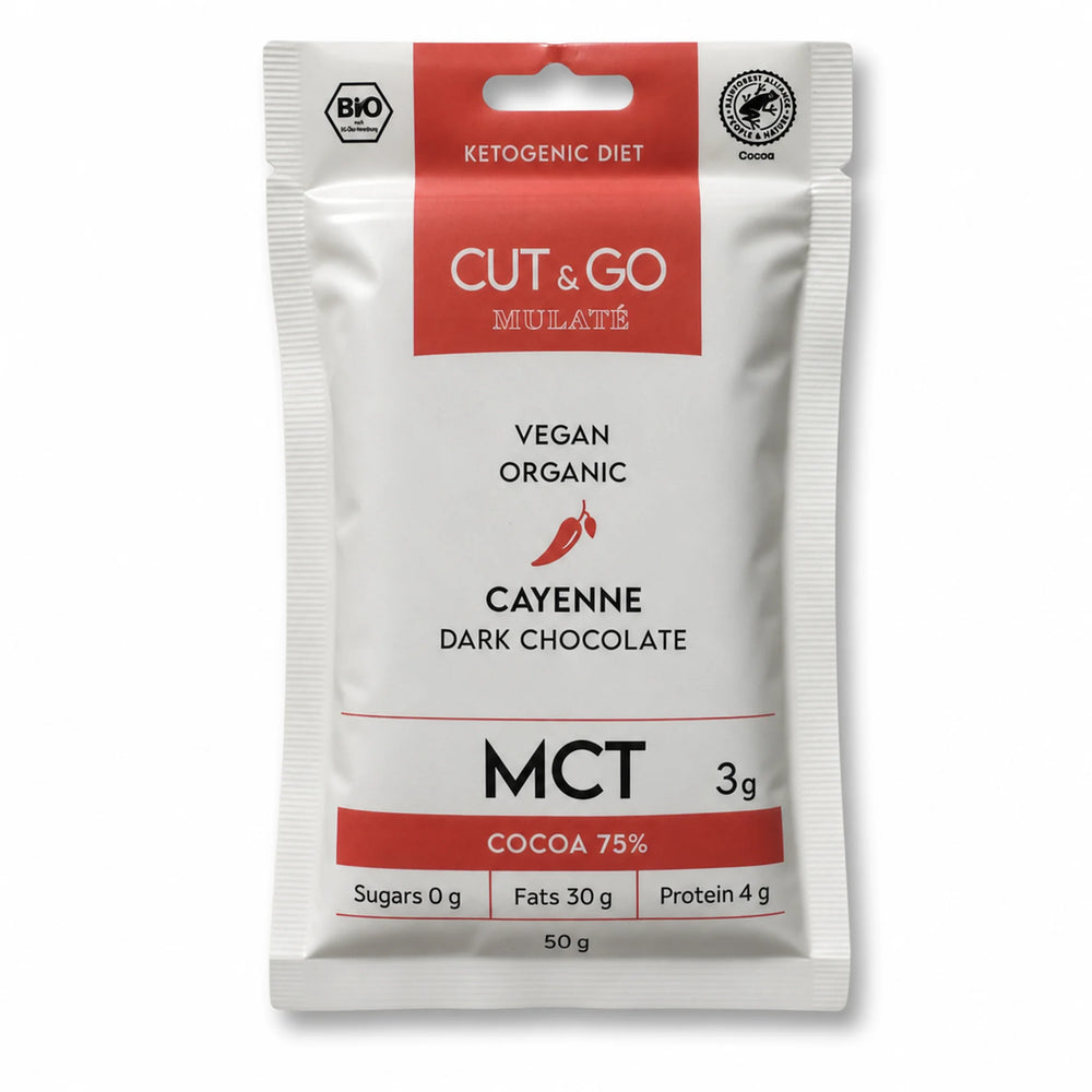 Ciocolată Cut&go BIO neagră, MCT și cayenne, Mulate, fără zahăr, 50g — cutie ciocolată Mulaté cu eticheta completă, piper cayenne, Biovicta