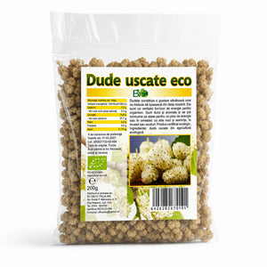 Dude albe BIO uscate, fructe deshidratate, 200g — pungă transparentă cu dude albe uscate, eticheta completă, origine Turcia, Biovicta