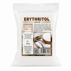Erythritol granulat 500g, pungă transparentă cu eticheta completă, îndulcitor fără calorii, Biovicta