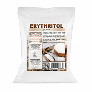 Erythritol pudră îndulcitor 500g Biovicta, eticheta cu valori nutriționale 0 kcal