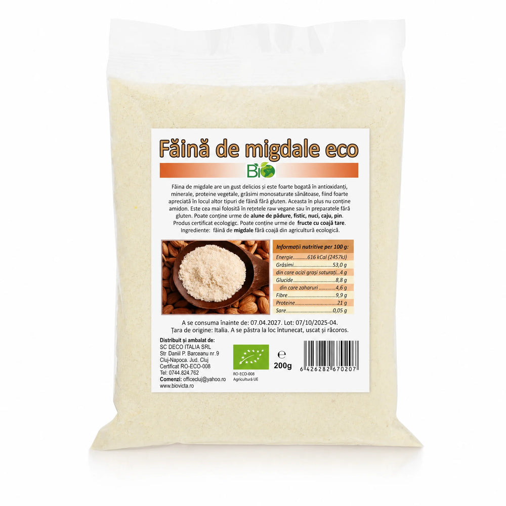 Făină de migdale BIO 200g, pachet sigilat, certificare ecologică RO-ECO-008, fără gluten, Biovicta