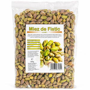 Fistic crud miez natural decojit, 500g — pungă transparentă cu eticheta completă, miez de fistic verde crud, Biovicta