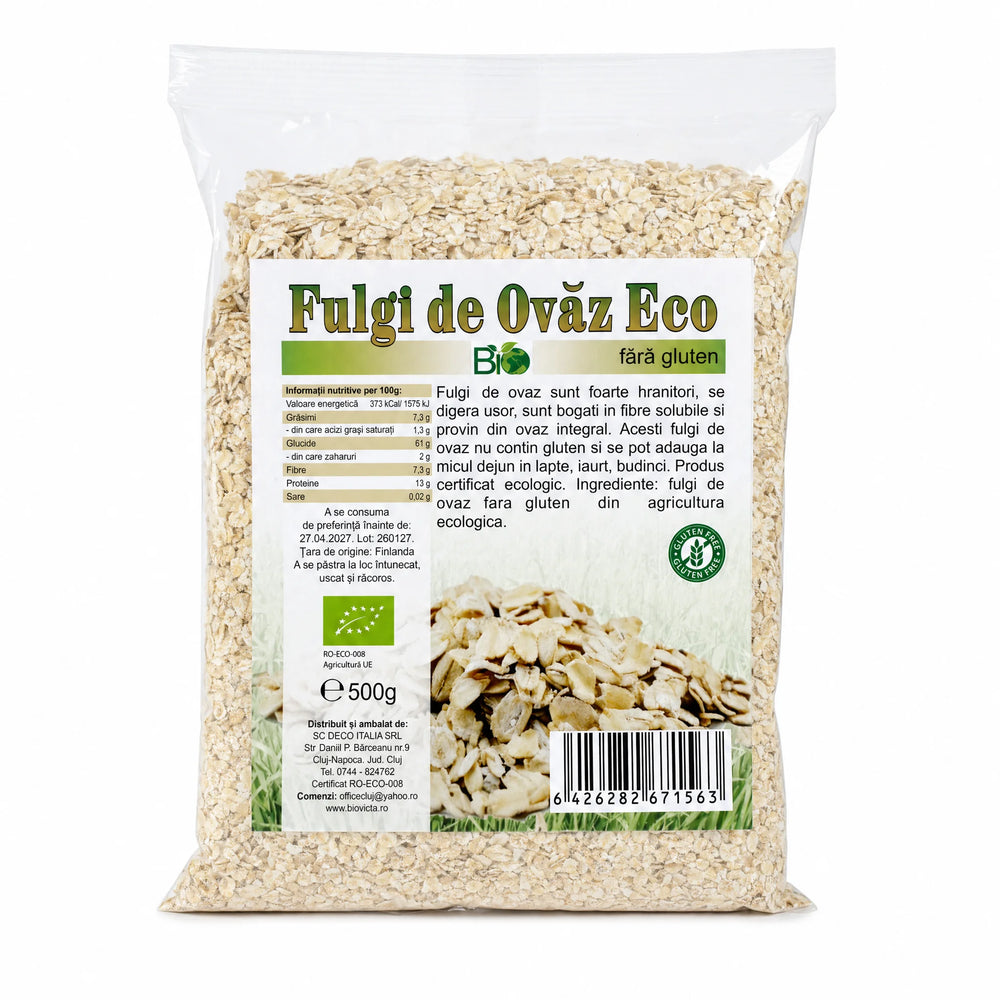 Fulgi de ovăz fără gluten BIO 500g, pachet sigilat, certificare ecologică RO-ECO-008, Biovicta