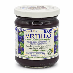 Gem de afine sălbatice BIO 100% fruct 215g Biovicta, marca TOPBIO GOLD Mirtillo, Vaccinium myrtillus, preparat din 500g afine sălbatice biologice fără pectină, borcan