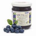 Gem de afine sălbatice BIO 215g cu afine proaspete Vaccinium myrtillus și frunze verzi alături de borcan, 100% fruct, Biovicta