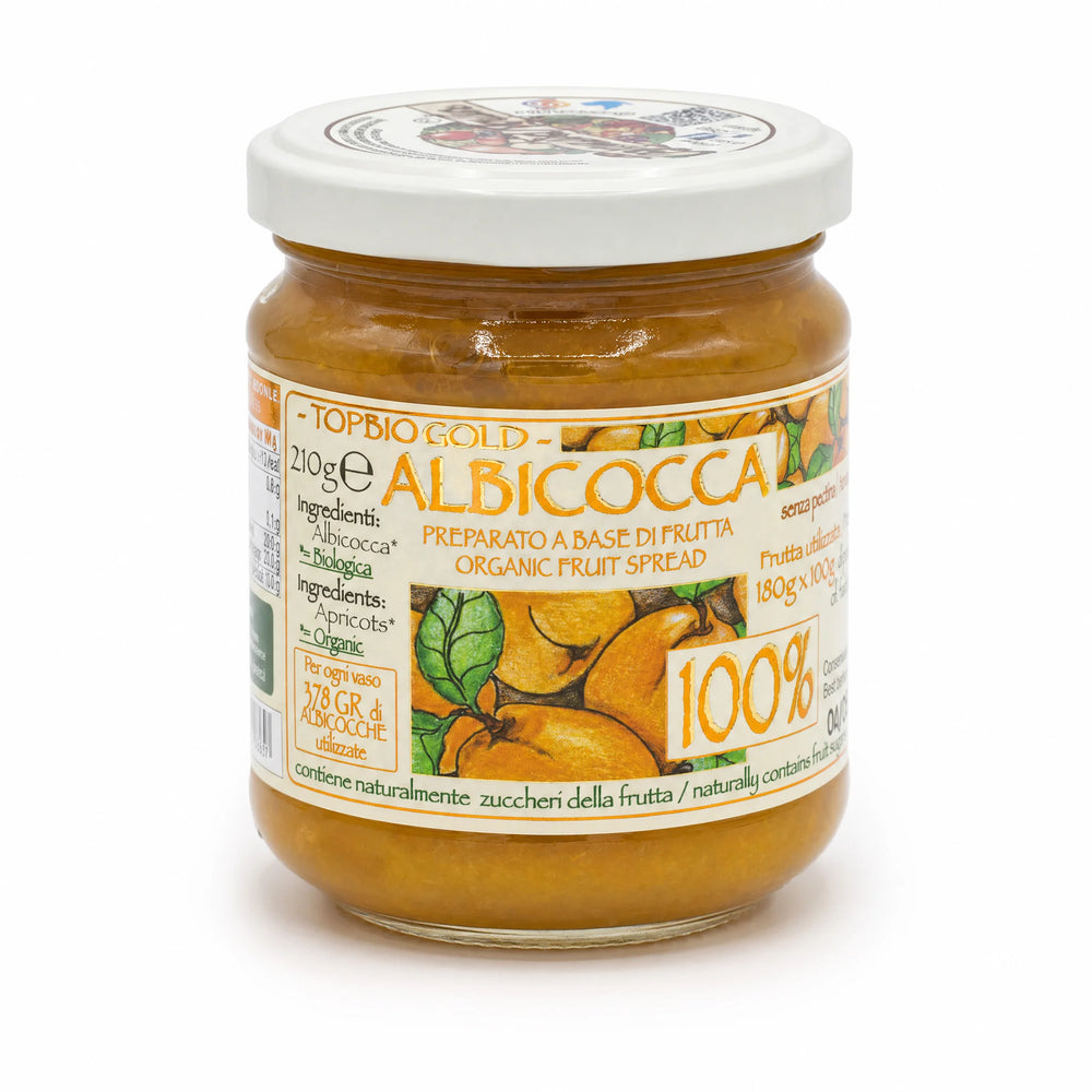 Gem de caise BIO 100% fruct 210g Biovicta, marca TOPBIO GOLD Albicocca, preparat din 378g caise biologice fără pectină adăugată, borcan