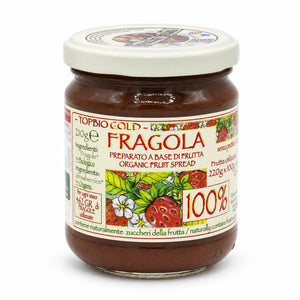 Gem de căpșuni BIO 100% fruct 210g Biovicta, marca TOPBIO GOLD Fragola, preparat din 462g căpșuni biologice fără pectină adăugată, borcan