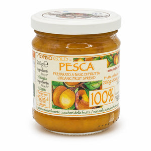 Gem de piersici BIO 100% fruct 210g Biovicta, marca TOPBIO GOLD Pesca, preparat din 420g piersici biologice fără pectină adăugată, borcan