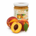 Gem de piersici BIO 210g cu piersici proaspete întregi și jumătate de piersică cu sâmbure alături de borcan, 100% fruct, Biovicta