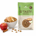 Granola cu mere și scorțișoară în bol, cu măr proaspăt și baton de scorțișoară, lângă pachetul de 350g, Biovicta