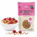 Granola cu zmeură servită în bol cu iaurt și zmeură proaspătă, lângă pachetul de 350g, Biovicta