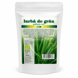 Iarbă de grâu pulbere BIO, 500g — doypack alb opac stand-up cu eticheta completă, frunze tinere Triticum aestivum, Biovicta