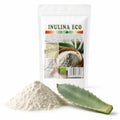 Inulină pudră BIO din agave 250g, prezentare lifestyle cu pudra și frunza de agave, Biovicta