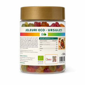 Jeleuri BIO ursuleți cu suc de fructe, 120g — borcan cu eticheta completă, certificat ecologic RO-ECO-008, Biovicta