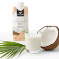 Lapte de cocos BIO 330ml — pahar cu lapte de cocos, nucă de cocos proaspătă și frunză de palmier, Biovicta