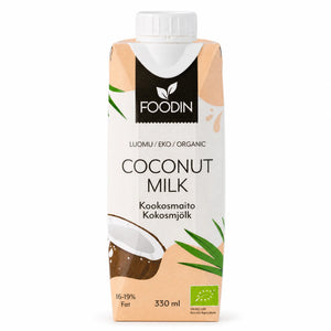 Lapte de cocos BIO 330ml — carton Foodin cu capac resigilabil, eticheta completă, băutură ecologică din 65% pulpă de cocos, Biovicta