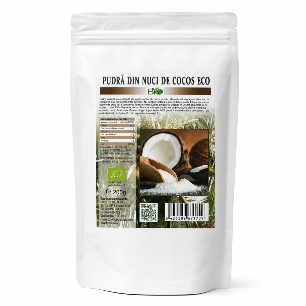 Lapte praf de cocos cremos BIO 200g — doypack alb opac stand-up cu eticheta completă, ecologic, Biovicta