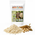 Lecitină de soia pulbere BIO, 200g — produs și sursa naturală (boabe de soia), prezentare lifestyle, Biovicta