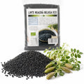 Linte neagră Beluga BIO, 500g — boabe uscate naturale și ramură de plantă cu păstăi, prezentare lifestyle, Biovicta