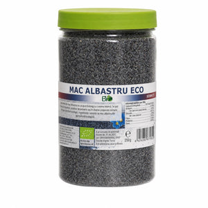 Mac albastru BIO semințe 250g — borcan plastic cu capac verde și eticheta completă, semințe ecologice Turcia, Biovicta
