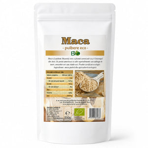 Maca pulbere BIO, 500g — doypack alb opac stand-up cu eticheta completă, rădăcină Lepidium meyenii, Biovicta