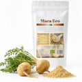 Maca pulbere BIO 200g — pulbere maca și rădăcini maca proaspete, prezentare lifestyle, Biovicta