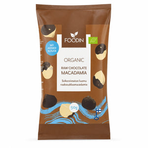 Macadamia în ciocolată fără zahăr BIO, 50g — pungă Foodin cu eticheta completă, ciocolată fără zahăr din Finlanda, Biovicta