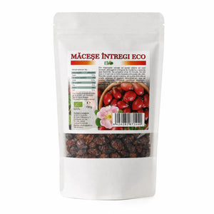 Măcese întregi uscate BIO 150g — pungă cu fereastră transparentă cu măceșe uscate, eticheta completă, origine Bulgaria, Biovicta