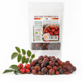 Măcese întregi uscate BIO 150g — măceșe uscate și ramură măceș cu fructe roșii, prezentare lifestyle, Biovicta