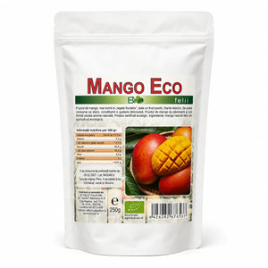 Mango BIO felii deshidratate 250g — etichetă cu valori nutritive și certificare RO-ECO-008