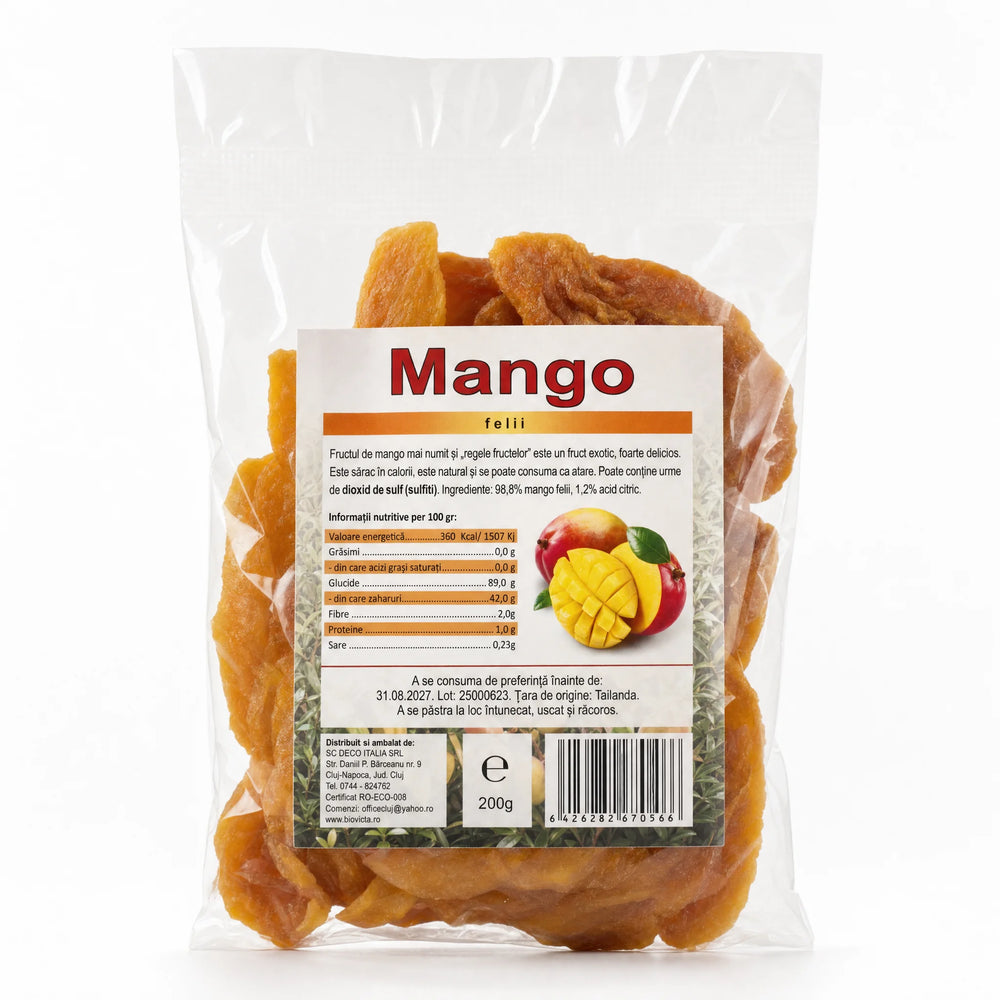 Mango natural bucăți 200g — pungă transparentă cu mango uscat, eticheta completă, origine Tailanda, Biovicta