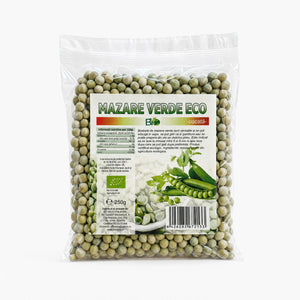 Mazăre verde uscată BIO 250g — pungă transparentă cu boabe mazăre verde, eticheta completă, origine UE, Biovicta