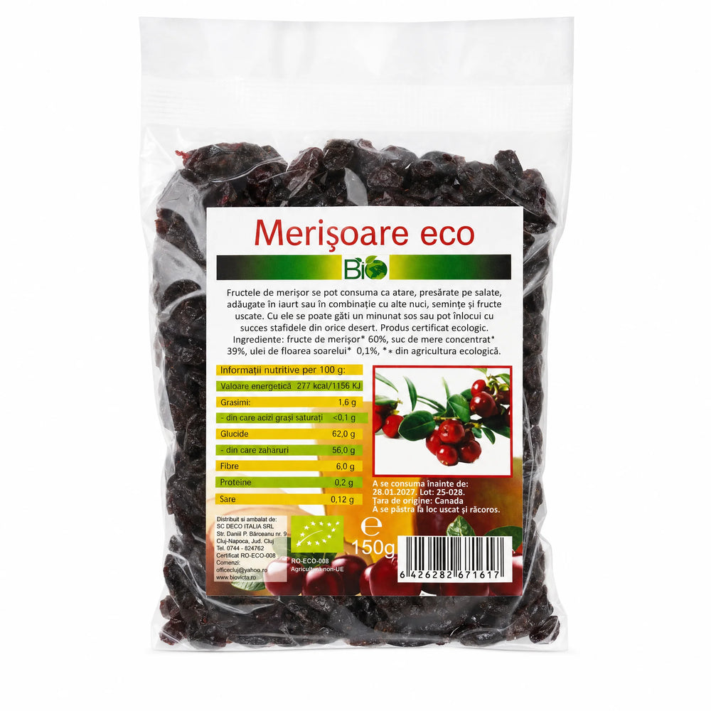 Merișoare uscate îndulcite cu suc de mere BIO 150g — pungă transparentă cu merișoare, eticheta completă, origine Canada, Biovicta
